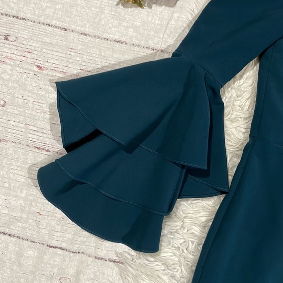 Milly Selena Slit Off The Shoulder Ruffle Tiered Sleeve Dress In Teal - Picture 11 of 11